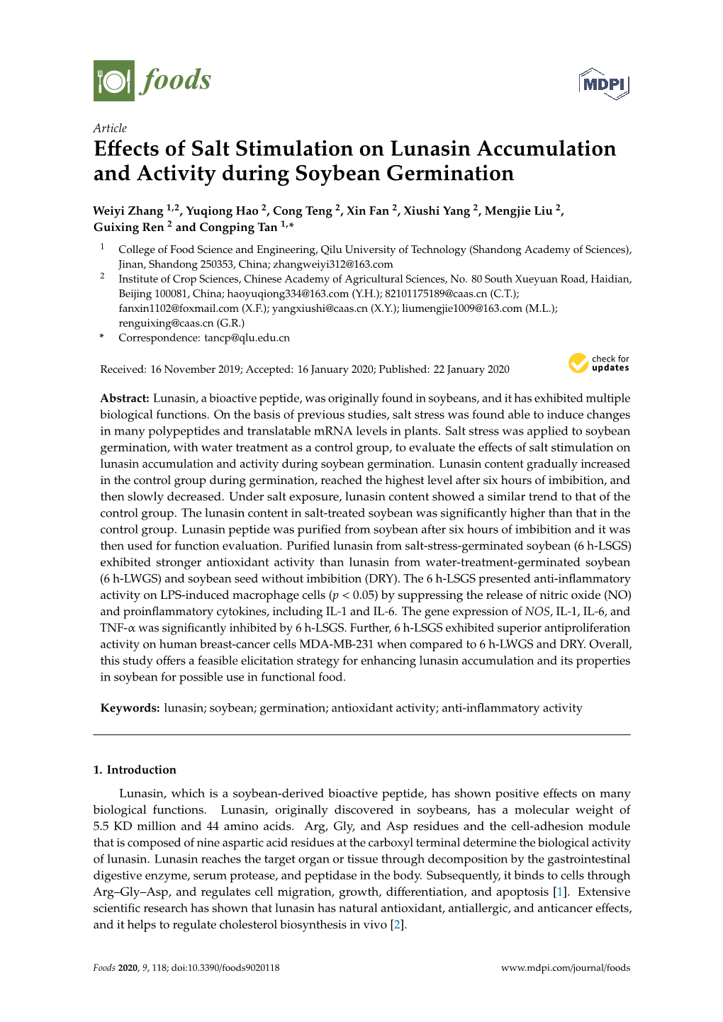 Effects of Salt Stimulation on Lunasin Accumulation and Activity During