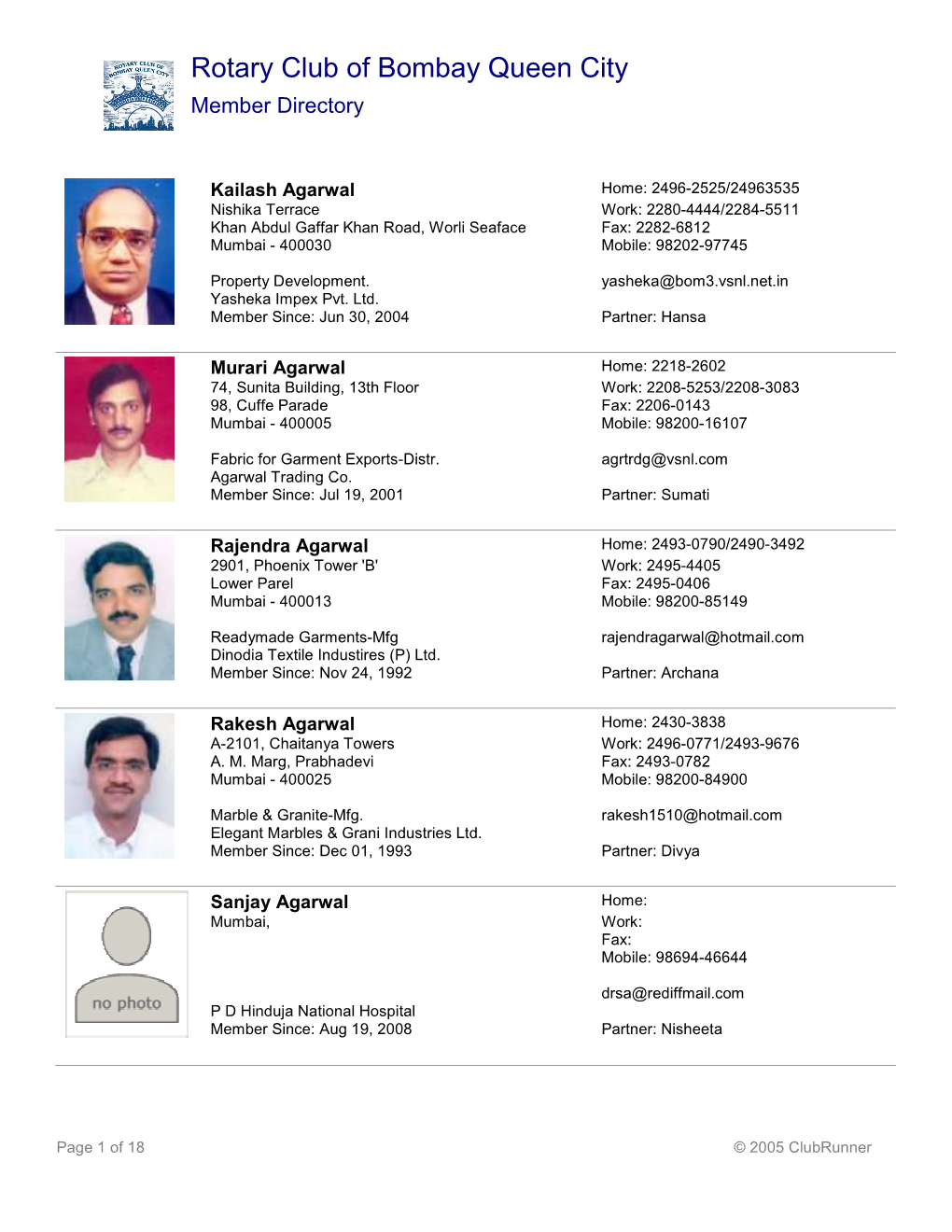Rotary Club of Bombay Queen City Member Directory