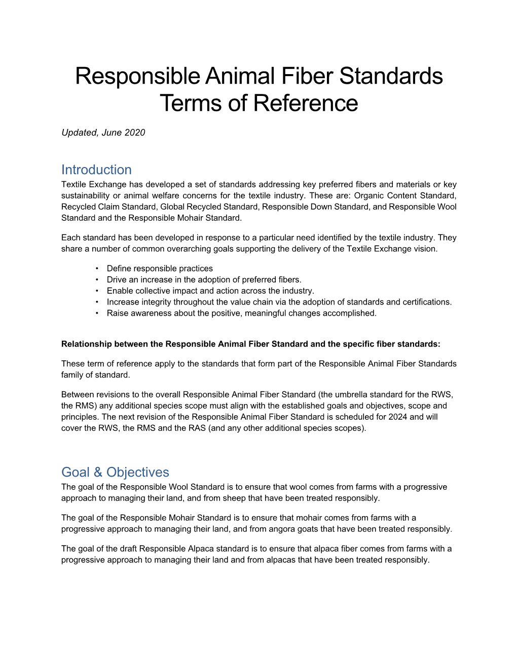 Responsible Animal Fiber Standards Terms of Reference