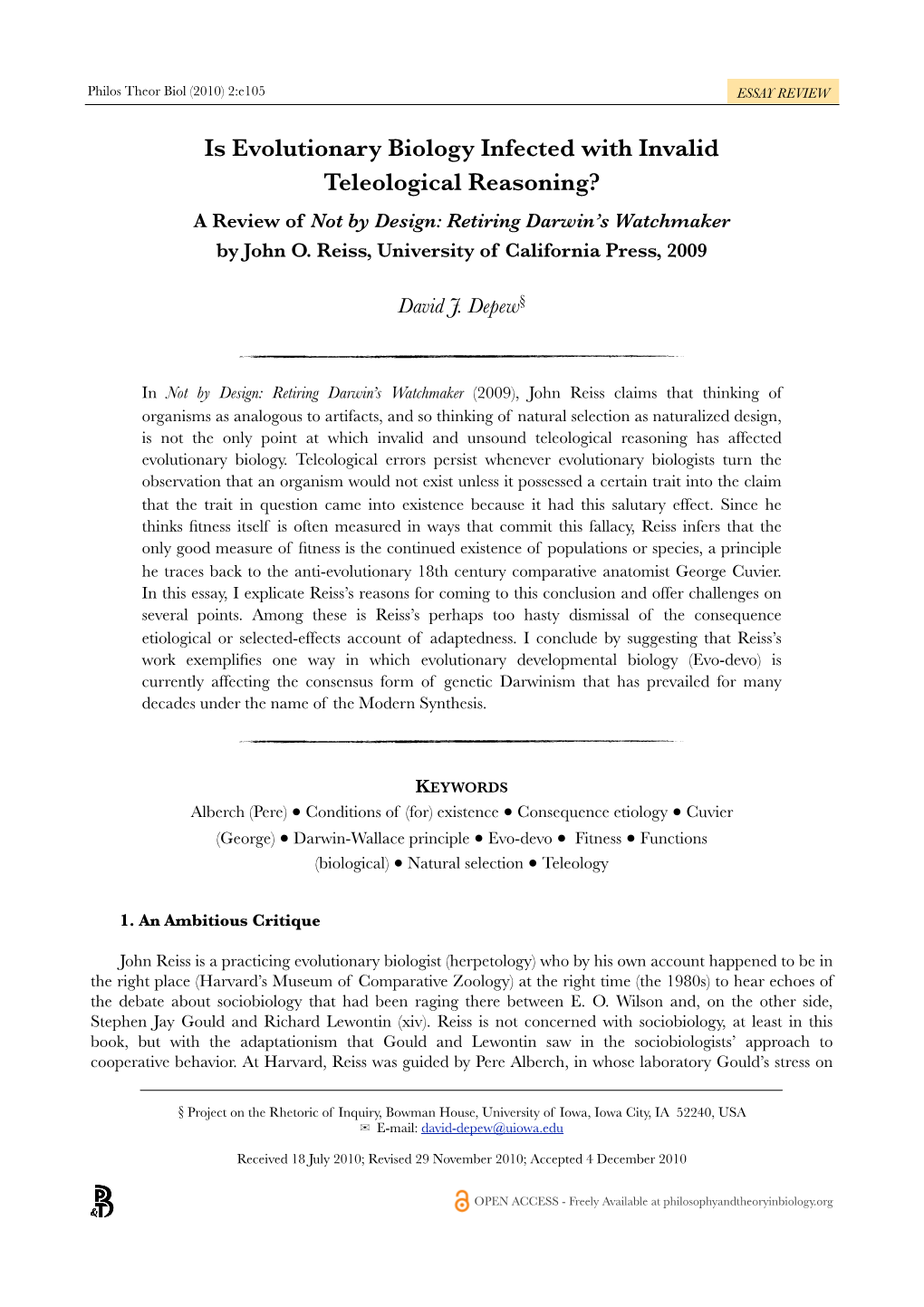 Is Evolutionary Biology Infected with Invalid Teleological Reasoning? a Review of Not by Design: Retiring Darwin’S Watchmaker by John O