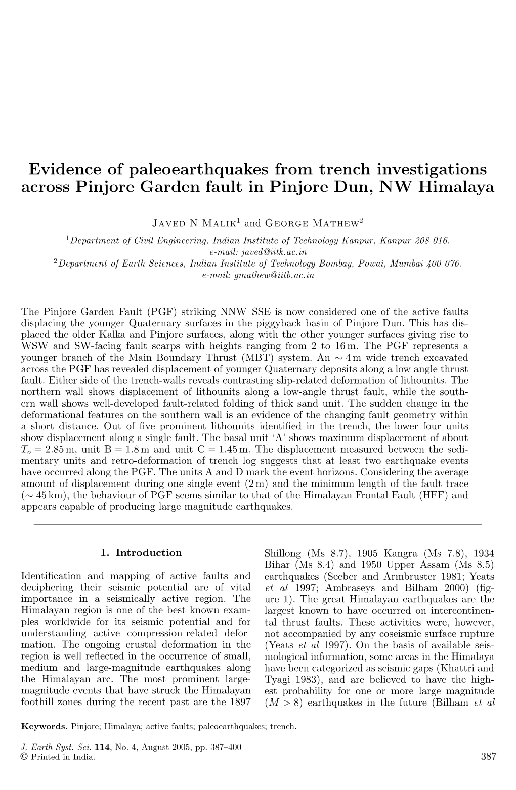 Evidence of Paleoearthquakes from Trench Investigations Across Pinjore Garden Fault in Pinjore Dun, NW Himalaya
