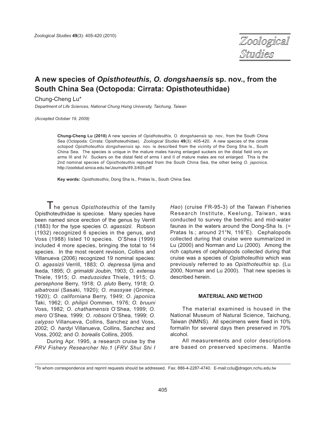 A New Species of Opisthoteuthis, O. Dongshaensis Sp. Nov., from the South China Sea (Octopoda: Cirrata: Opisthoteuthidae)