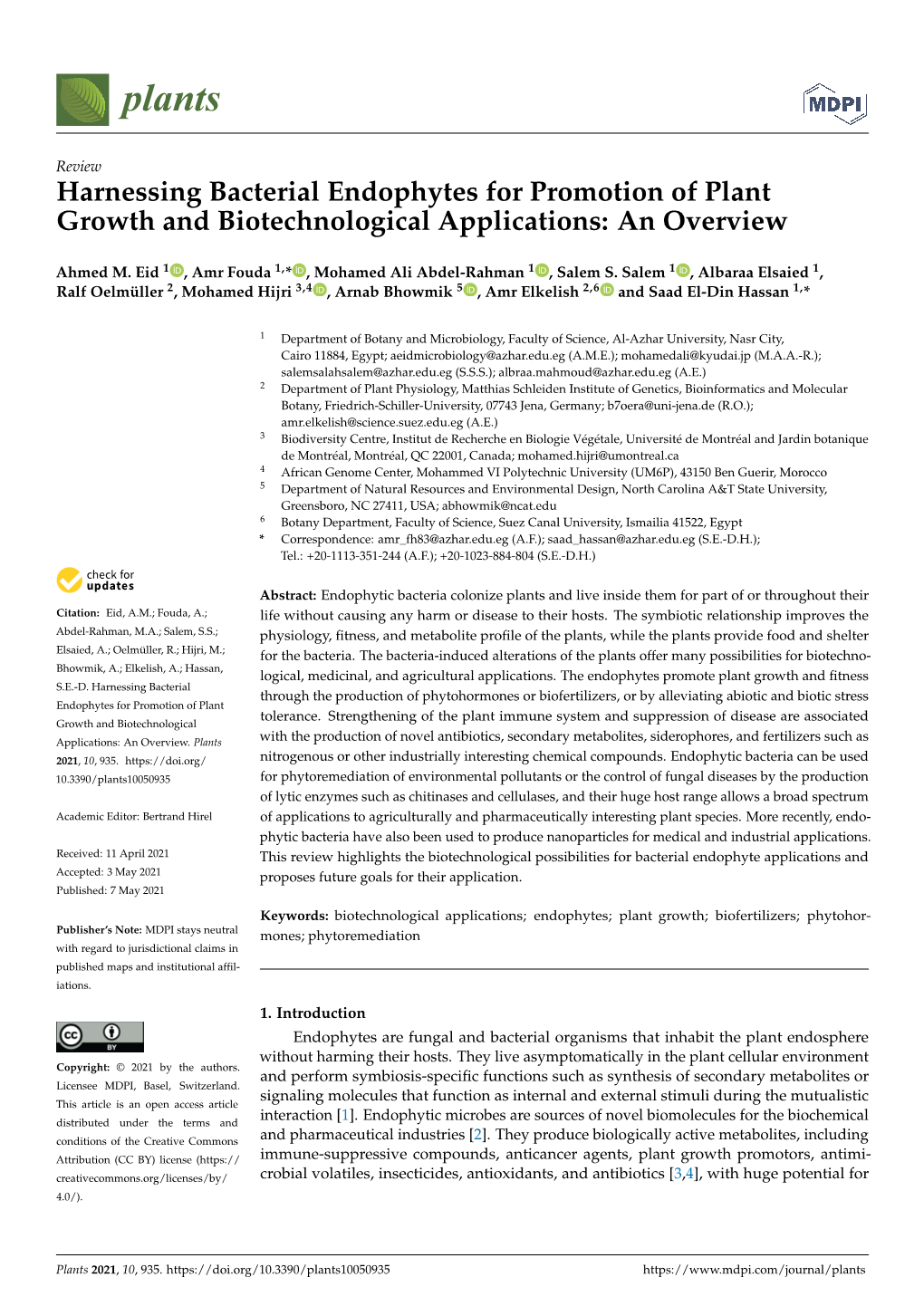 Harnessing Bacterial Endophytes for Promotion of Plant Growth and Biotechnological Applications: an Overview