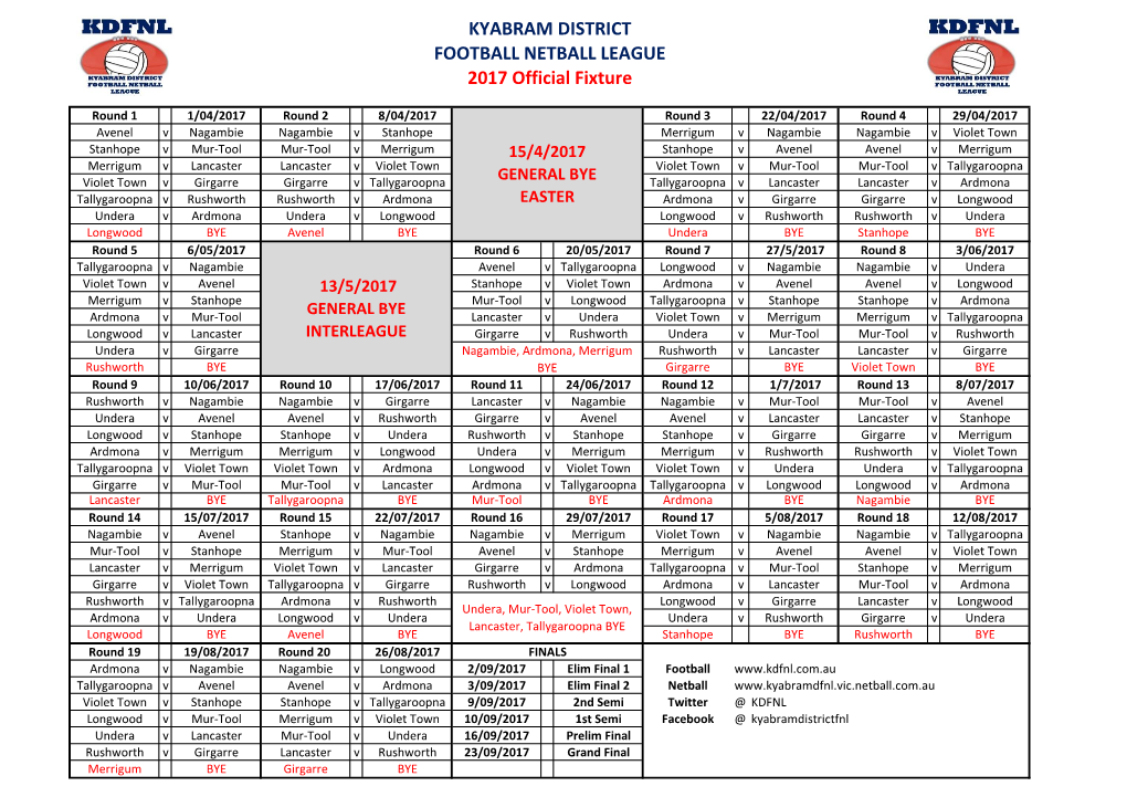 KYABRAM DISTRICT FOOTBALL NETBALL LEAGUE 2017 Official Fixture