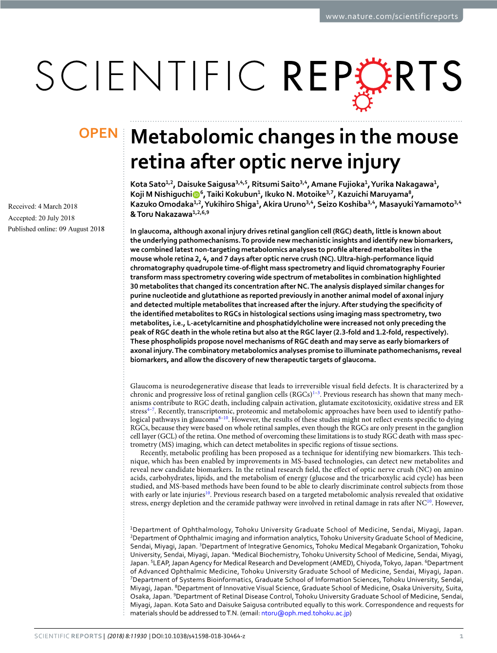 Metabolomic Changes in the Mouse Retina After Optic Nerve Injury