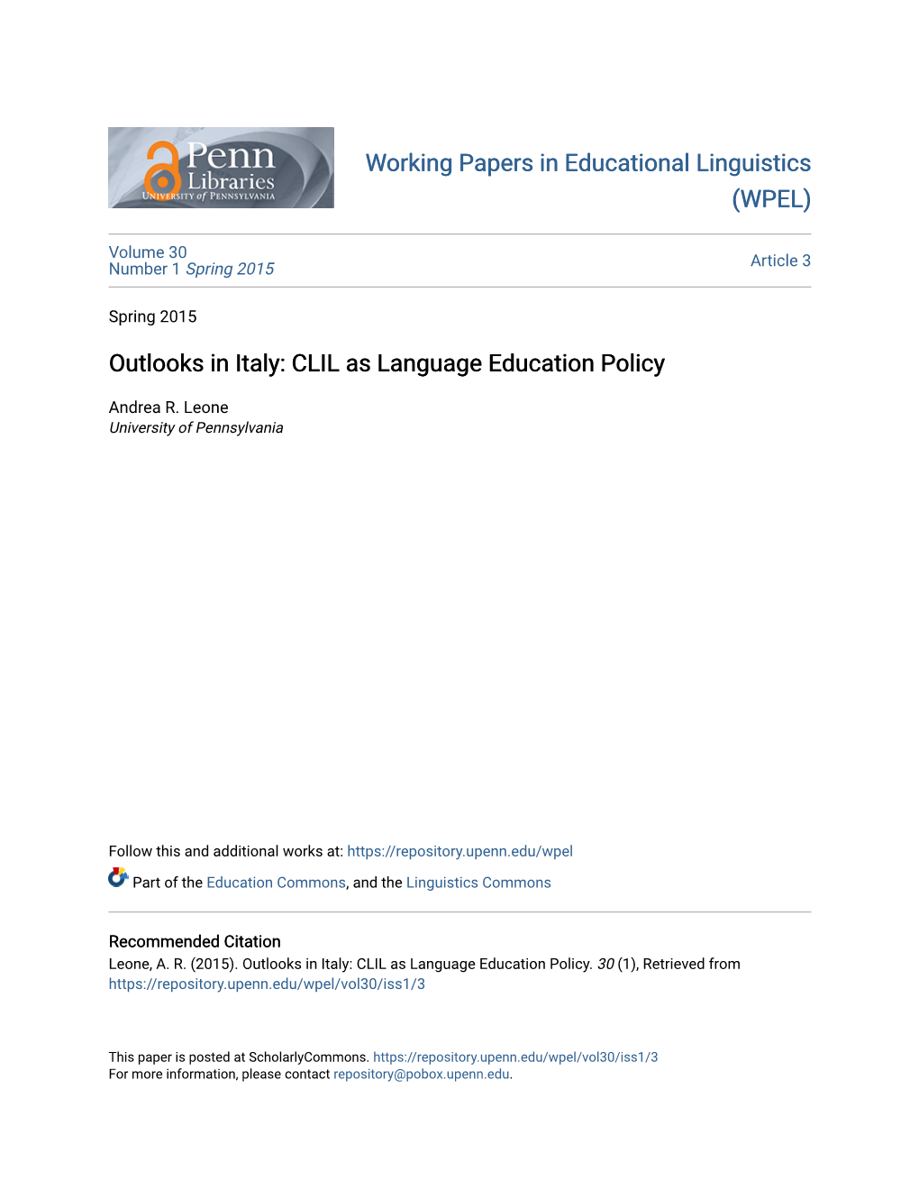 Outlooks in Italy: CLIL As Language Education Policy