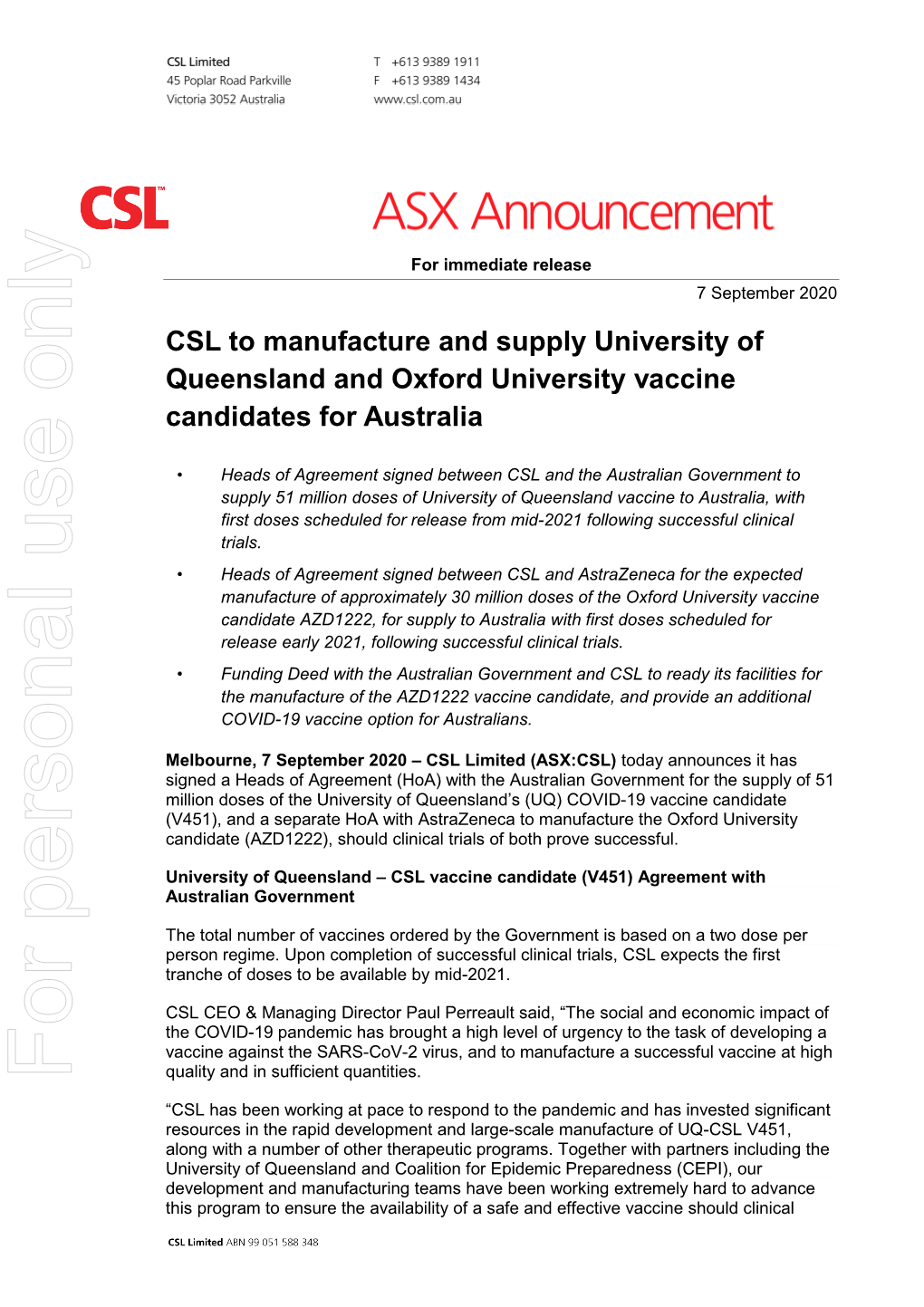 CSL to Manufacture and Supply University of Queensland and Oxford University Vaccine Candidates for Australia