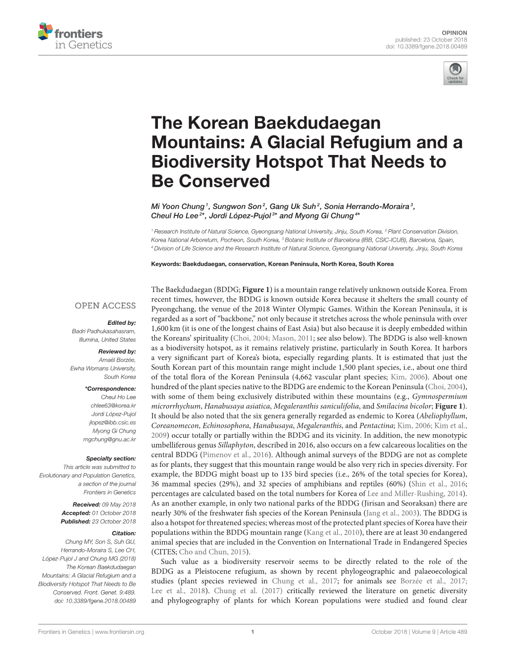 The Korean Baekdudaegan Mountains: a Glacial Refugium and a Biodiversity Hotspot That Needs to Be Conserved