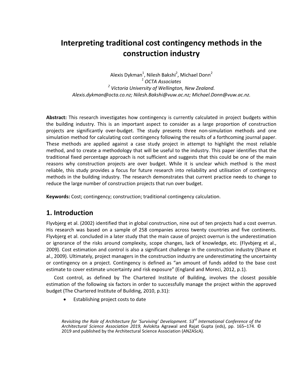 Interpreting Traditional Cost Contingency Methods in the Construction Industry