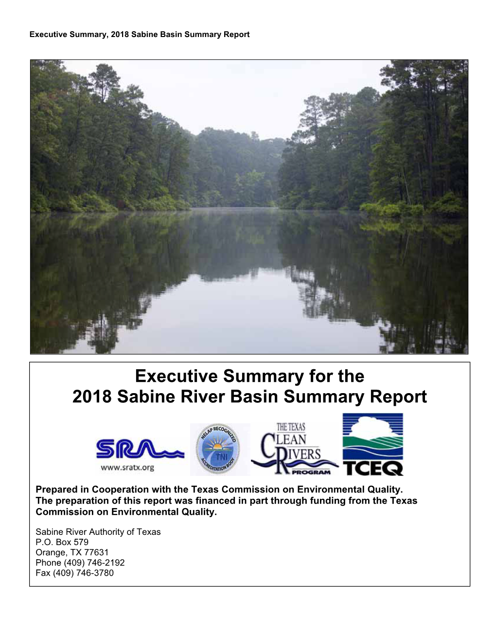 Executive Summary for the 2018 Sabine River Basin Summary Report