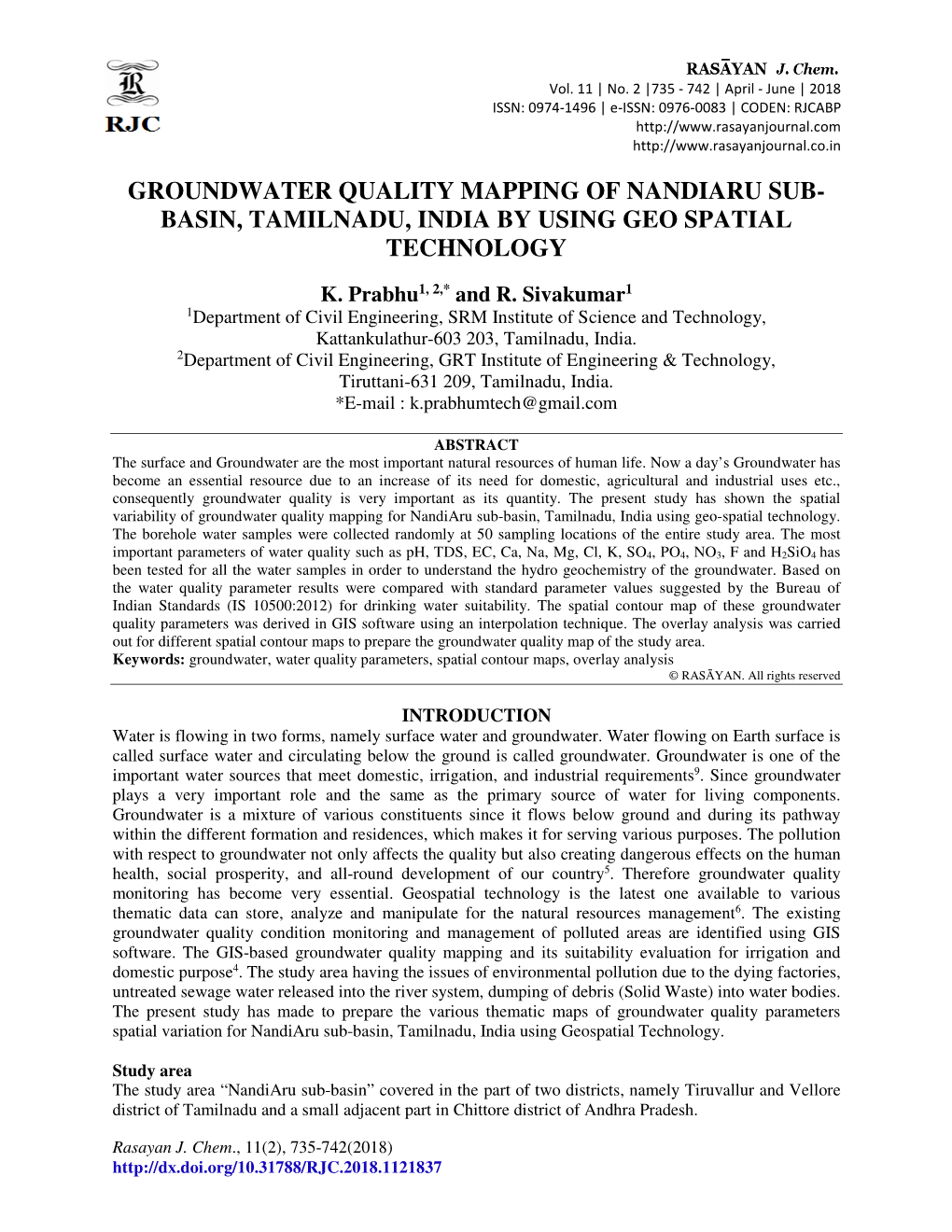 Groundwater Quality Mapping of Nandiaru Sub- Basin, Tamilnadu, India by Using Geo Spatial Technology