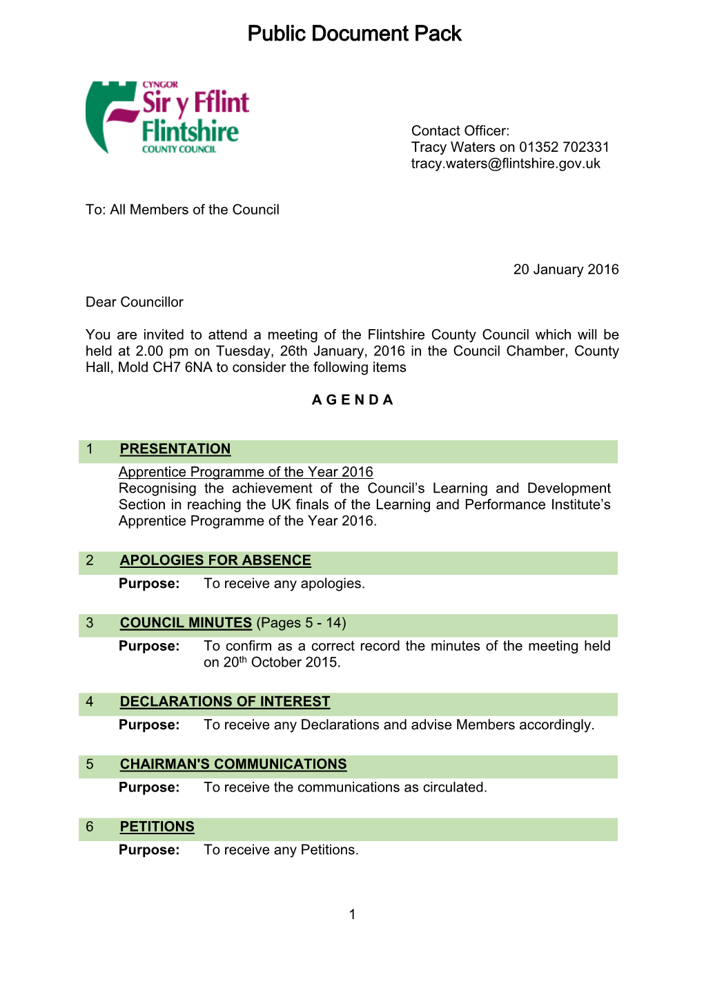 (Public Pack)Agenda Document for Flintshire County Council, 26/01