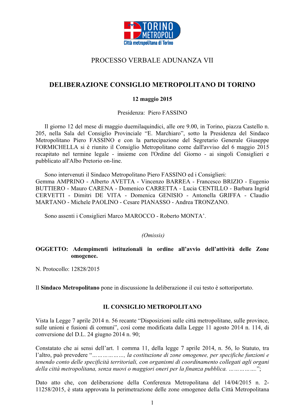 Processo Verbale Adunanza Vii Deliberazione Consiglio Metropolitano Di Torino