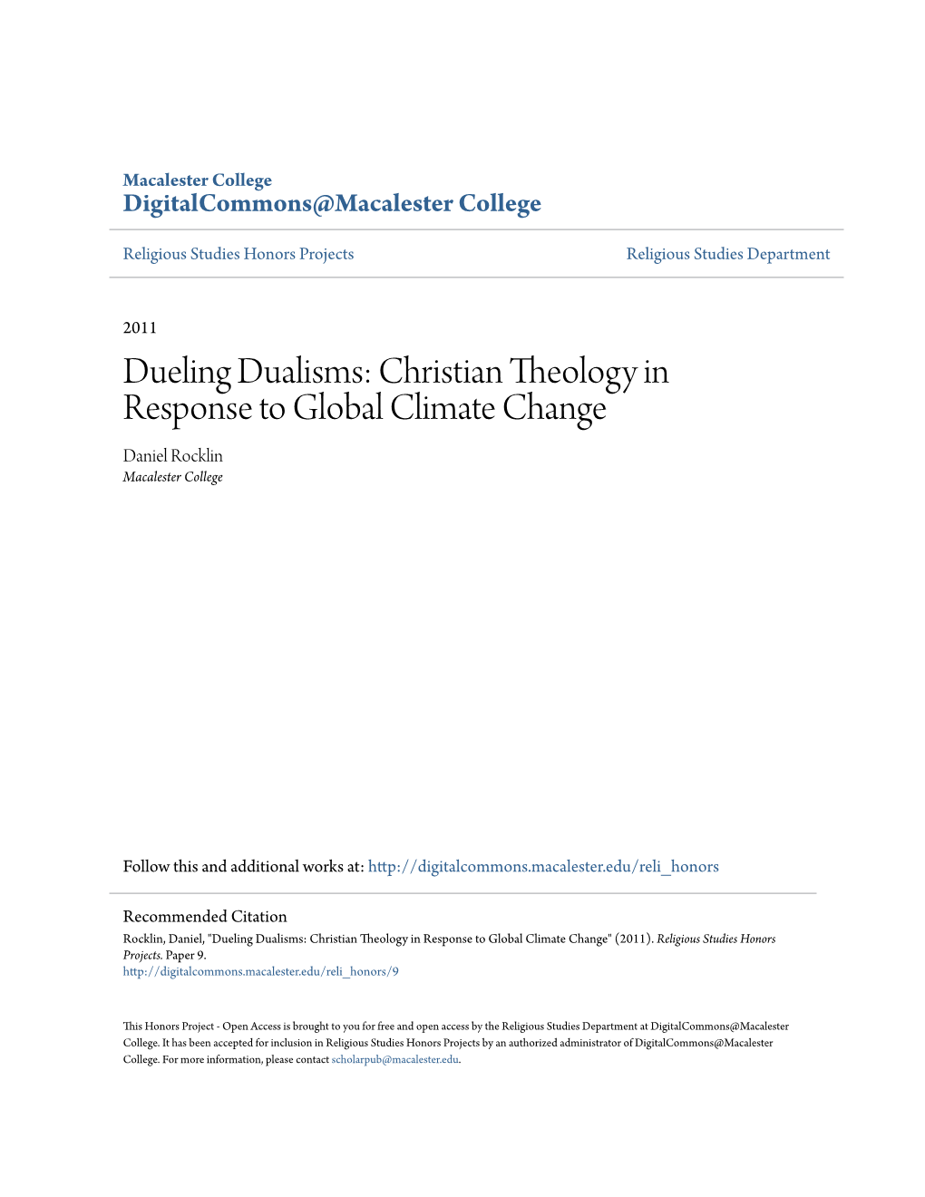 Christian Theology in Response to Global Climate Change Daniel Rocklin Macalester College