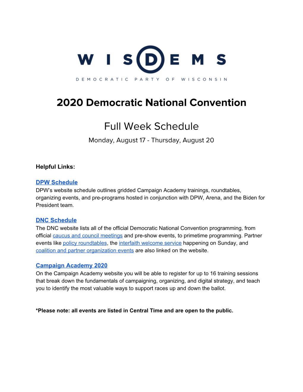 2020 Democratic National Convention Full Week Schedule