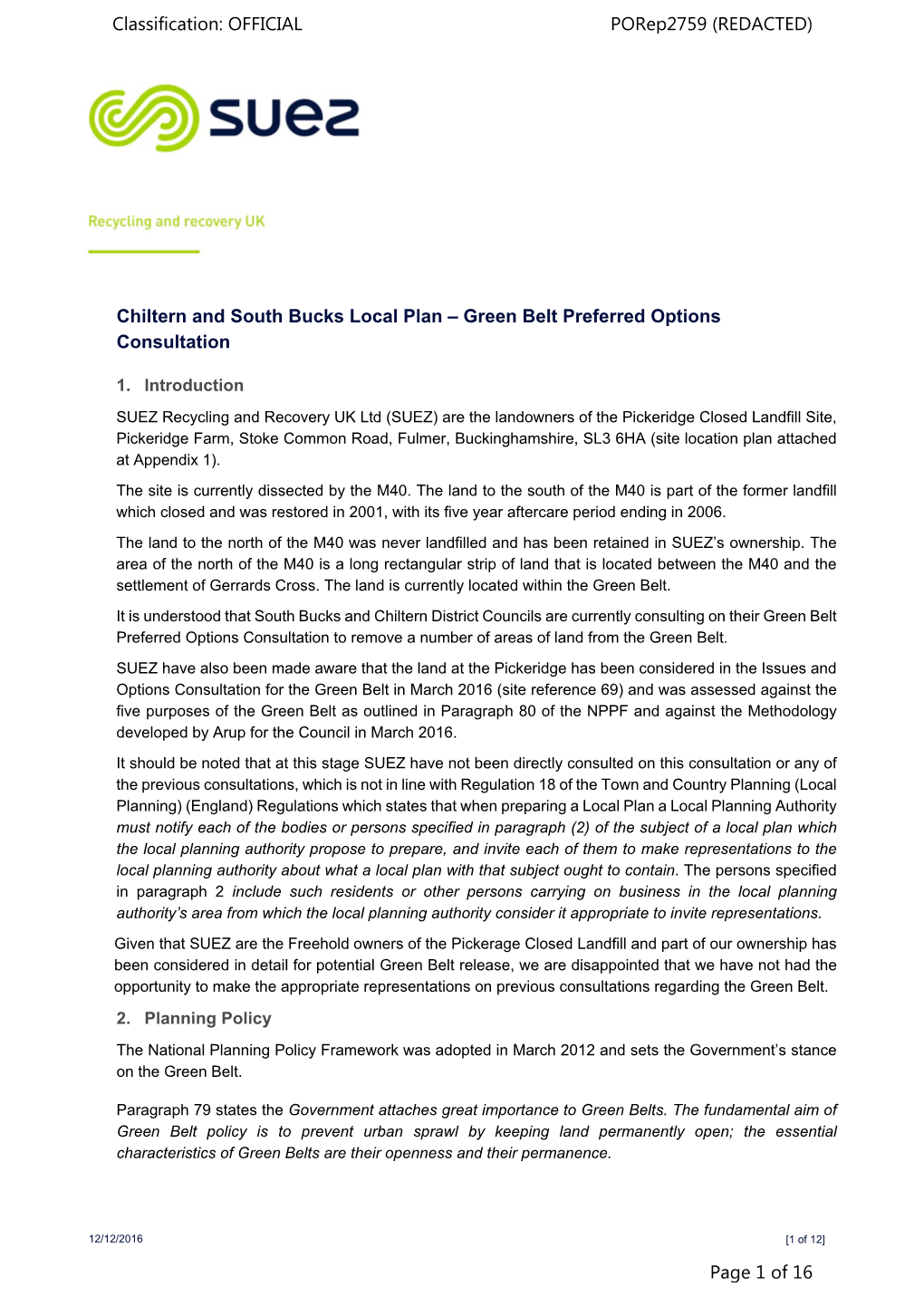 Chiltern and South Bucks Local Plan – Green Belt Preferred Options Consultation Classification: OFFICIAL Porep2759 (REDACTED)