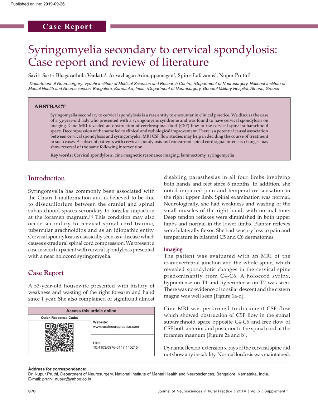 Syringomyelia Secondary to Cervical Spondylosis: Case Report And