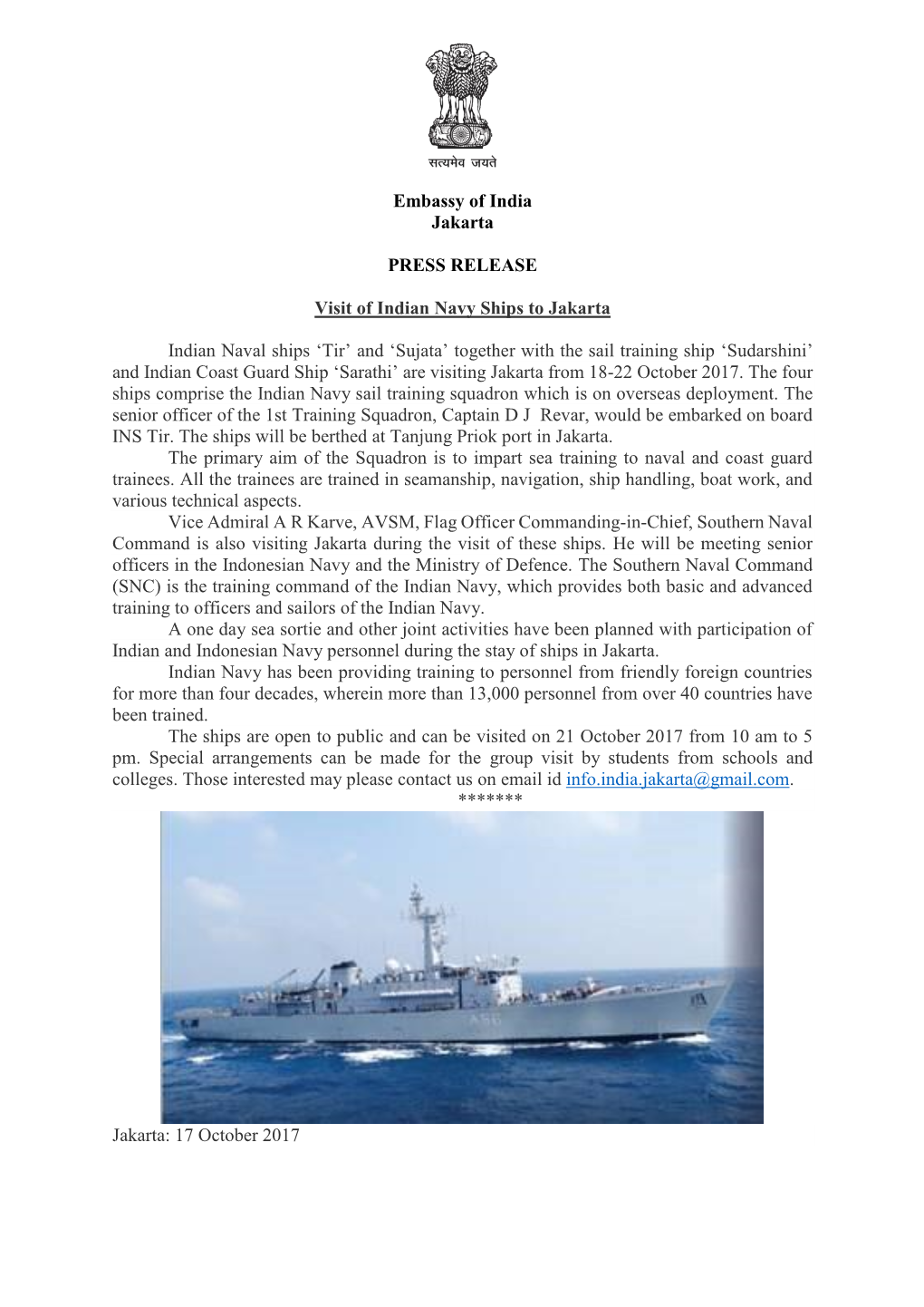 Visit of Indian Navy Ships to Jakarta