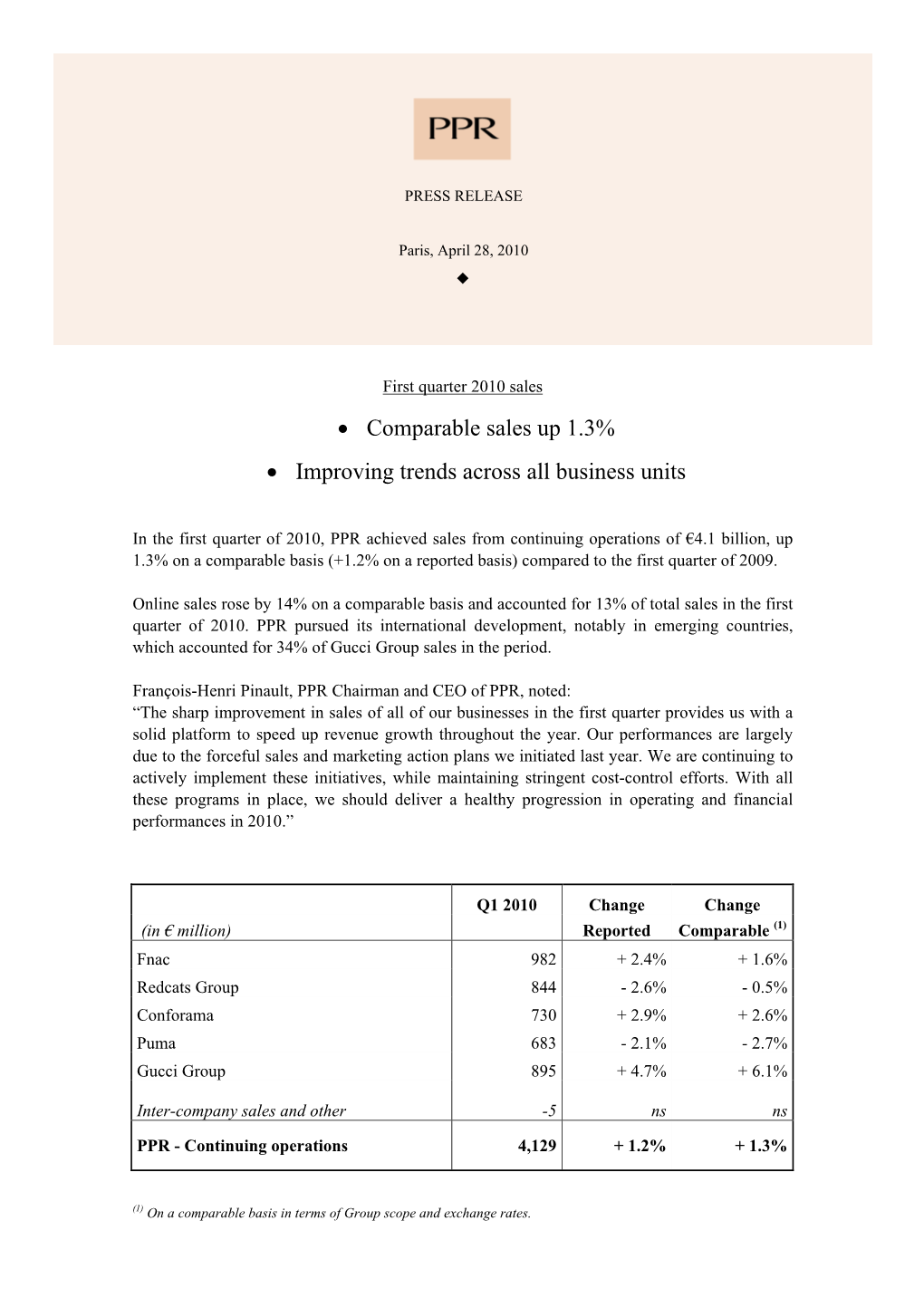 • Comparable Sales up 1.3% • Improving Trends Across All