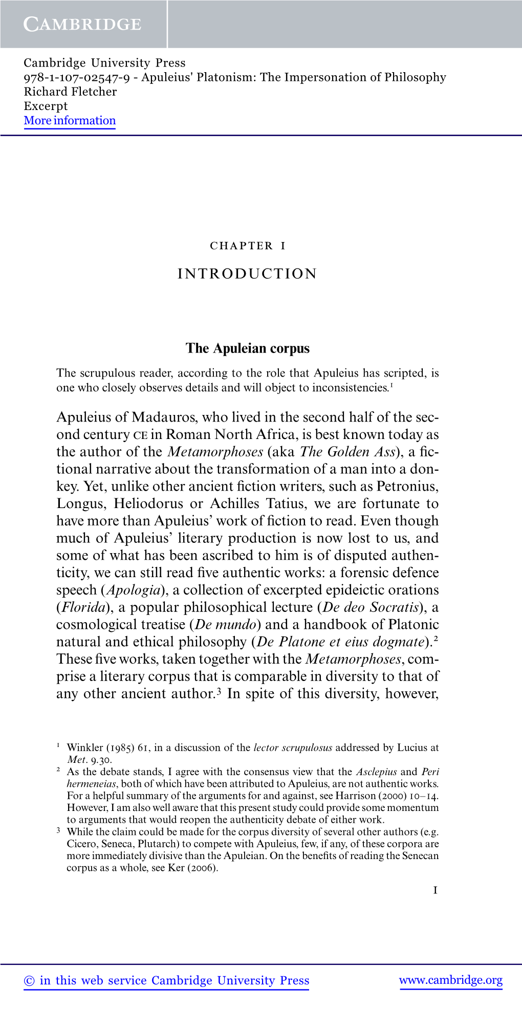 Chapter 1 INTRODUCTION the Apuleian Corpus Apuleius Of