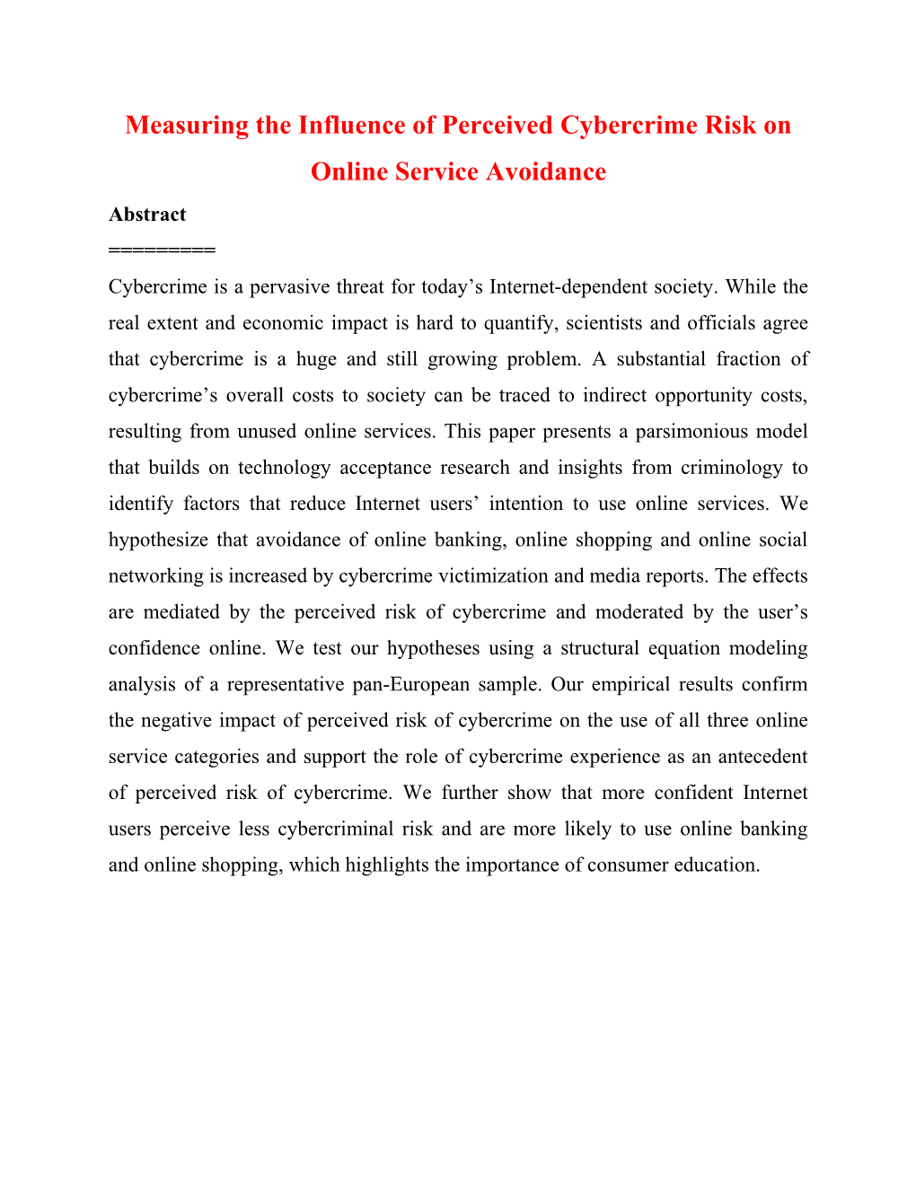 Measuring the Influence of Perceived Cybercrime Risk on Online Service Avoidance