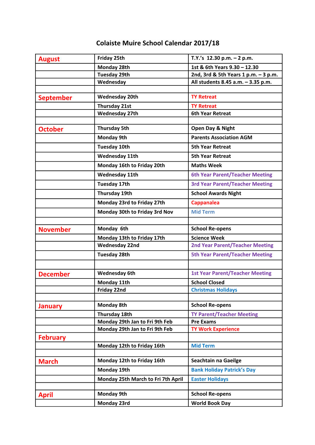 Colaiste Muire School Calendar 2017/18