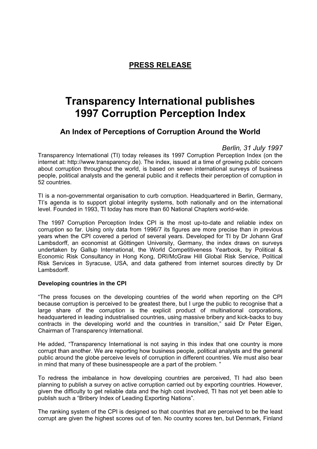 Transparency International Publishes 1997 Corruption Perception Index