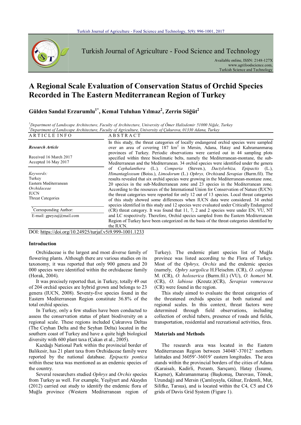 A Regional Scale Evaluation of Conservation Status of Orchid Species Recorded in the Eastern Mediterranean Region of Turkey