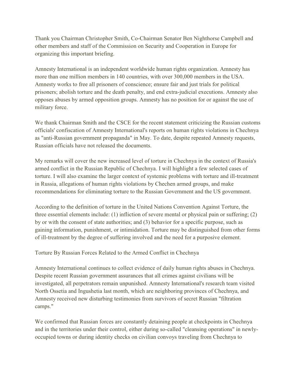 Thank You Chairman Christopher Smith, Co-Chairman Senator Ben Nighthorse Campbell and Other Members and Staff of the Commission