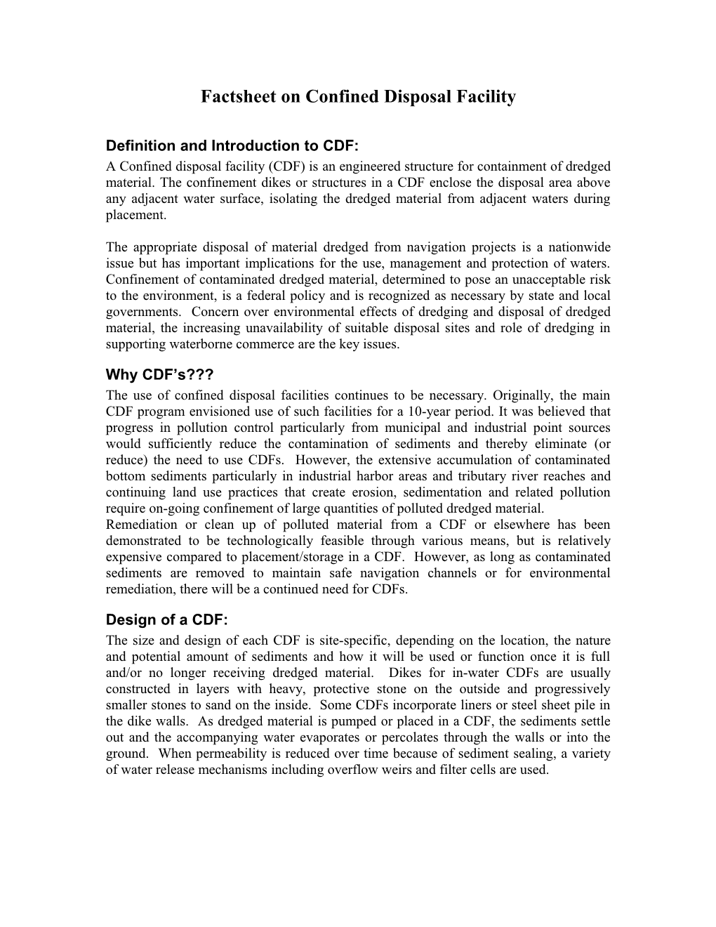 Factsheet on Confined Disposal Facility