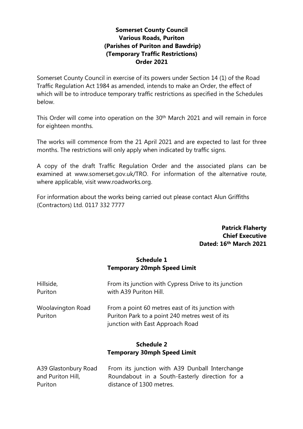 Somerset County Council Various Roads, Puriton (Parishes of Puriton and Bawdrip) (Temporary Traffic Restrictions) Order 2021