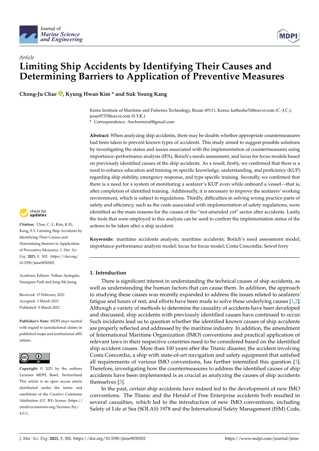 Limiting Ship Accidents by Identifying Their Causes and Determining Barriers to Application of Preventive Measures