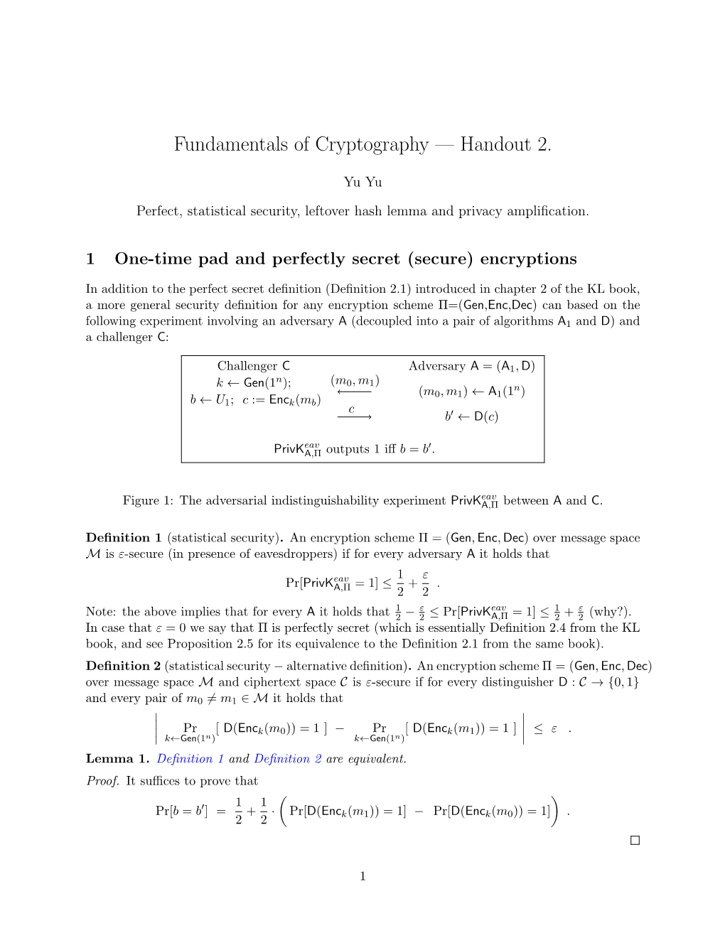 Fundamentals of Cryptography — Handout 2