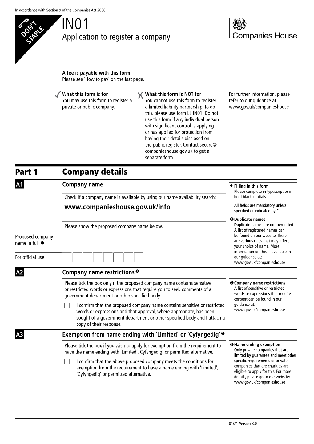 IN01 Application to Register a Company