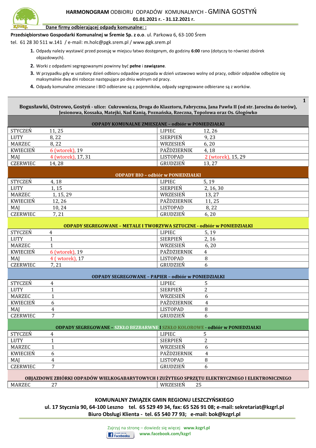 HARMONOGRAM ODBIORU ODPADÓW KOMUNALNYCH - GMINA GOSTYŃ 01.01.2021 R