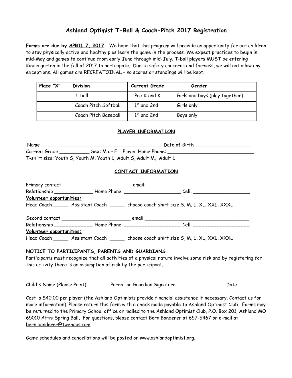 Ashland Optimist T-Ball & Coach-Pitch 2017 Registration