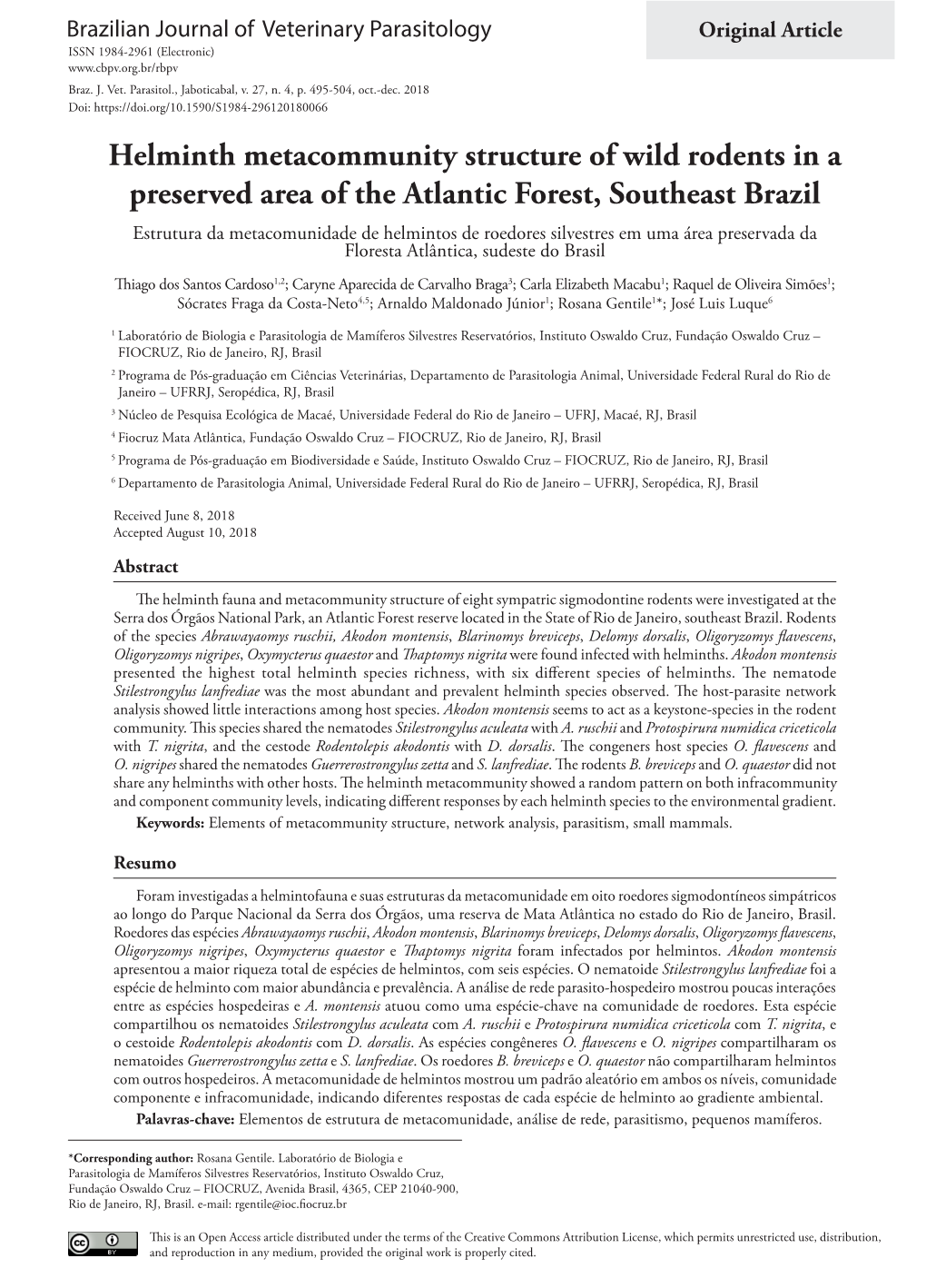 Helminth Metacommunity Structure of Wild Rodents in a Preserved Area Of