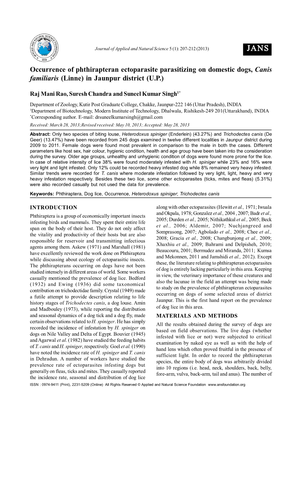 Occurrence of Phthirapteran Ectoparasite Parasitizing on Domestic Dogs, Canis Familiaris (Linne) in Jaunpur District (U.P.)