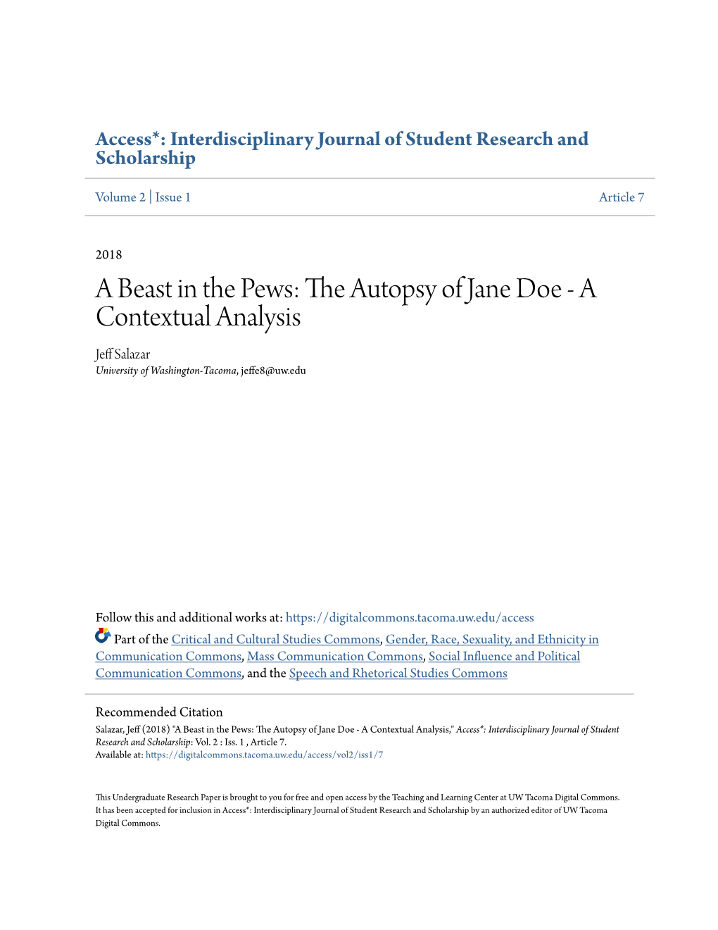 A Beast in the Pews: the Autopsy of Jane Doe - a Contextual Analysis Jeff Als Azar University of Washington-Tacoma, Jeffe8@Uw.Edu