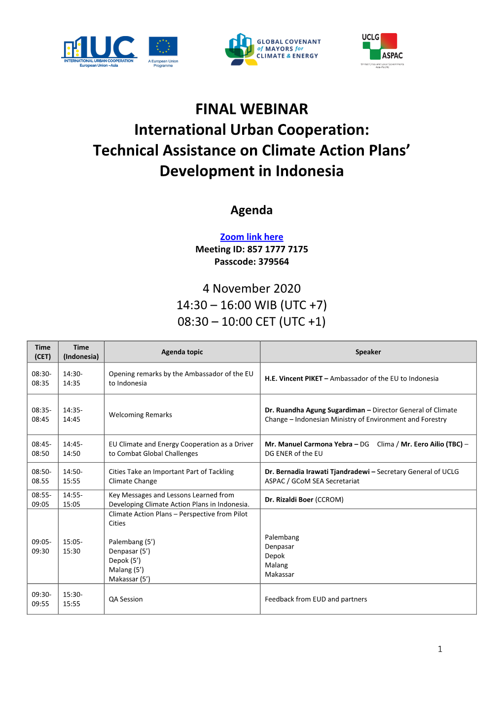FINAL WEBINAR International Urban Cooperation: Technical Assistance on Climate Action Plans' Development in Indonesia