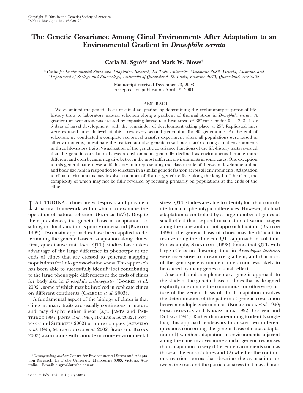 The Genetic Covariance Among Clinal Environments After Adaptation to an Environmental Gradient in Drosophila Serrata