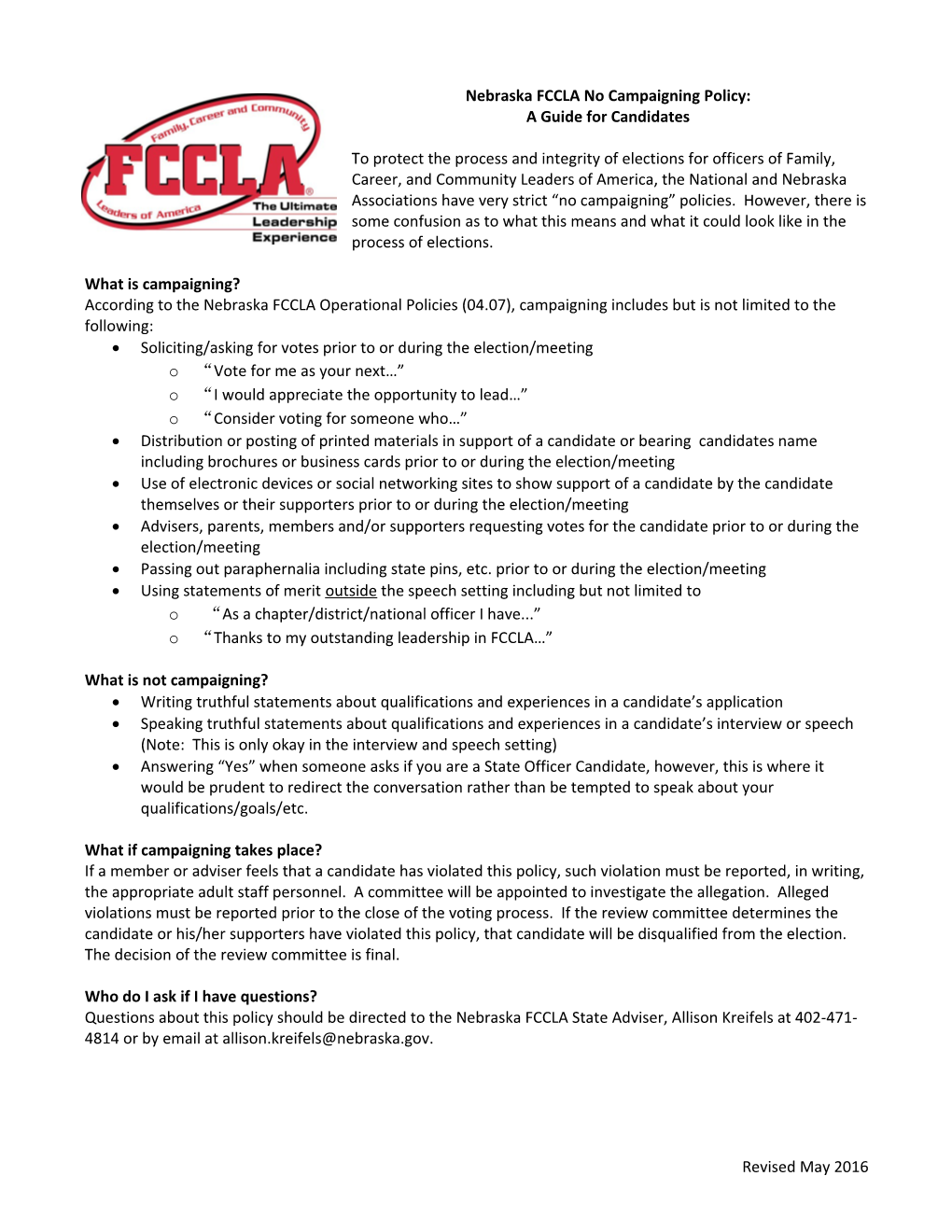 Nebraska FCCLA No Campaigning Policy