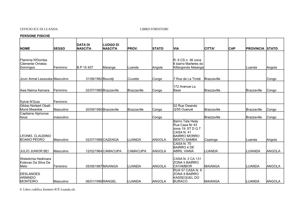 UFFICIO ICE DI LUANDA LIBRO FORNITORI 0. Libro Codifica