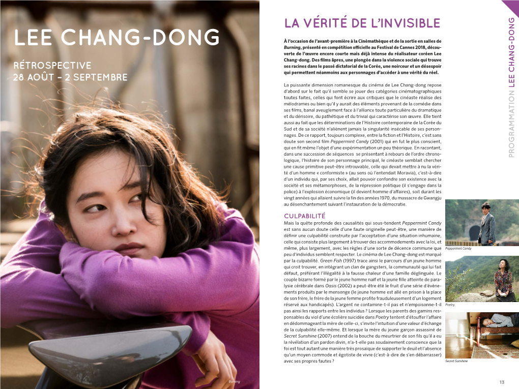 LEE CHANG-DONG RÉTROSPECTIVE 12 Burning Qui Permettent Néanmoins Auxpersonnagesd’Accéderqui Permettentnéanmoins Àunevérité Duréel