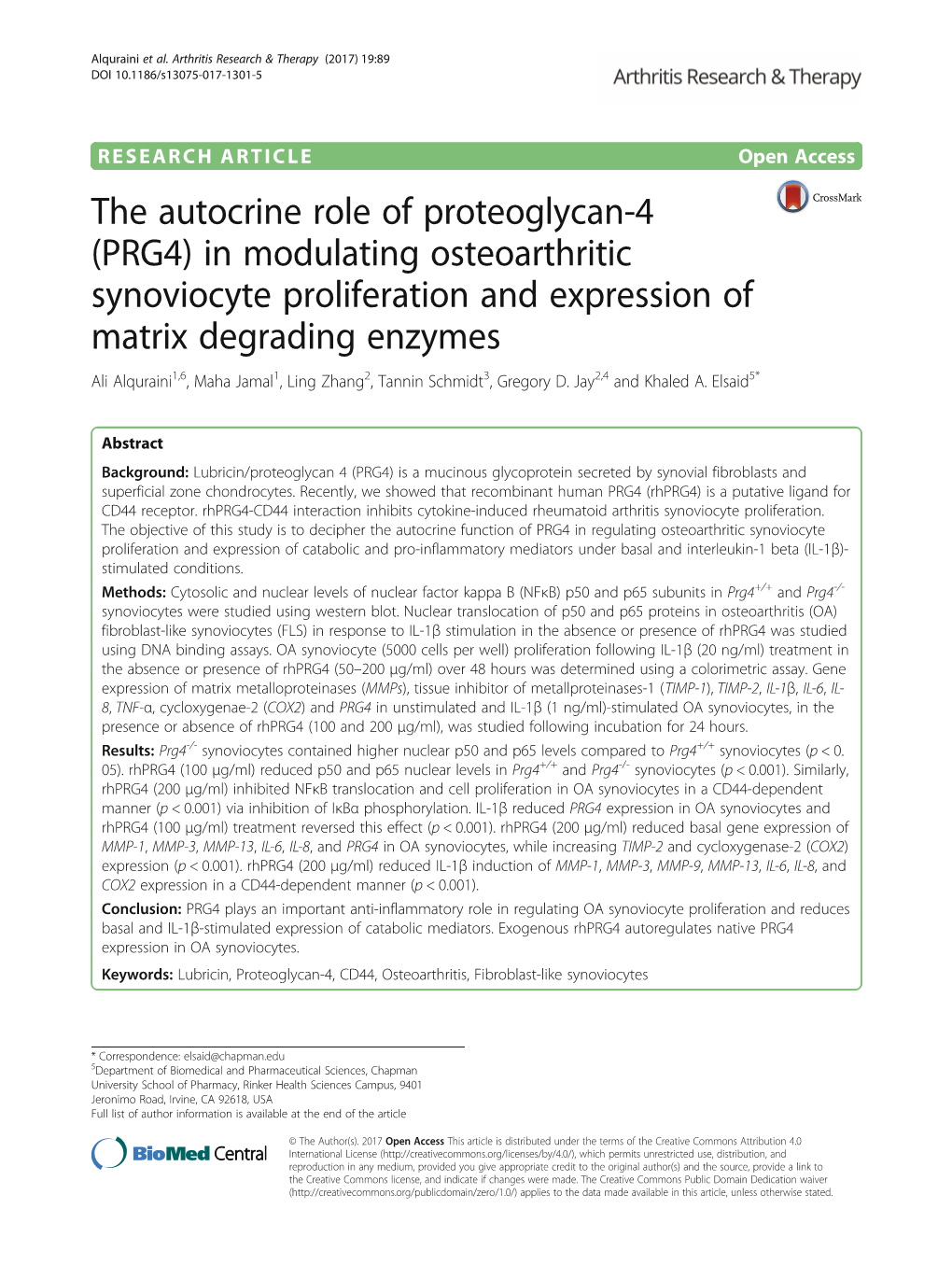 The Autocrine Role of Proteoglycan-4 (PRG4)