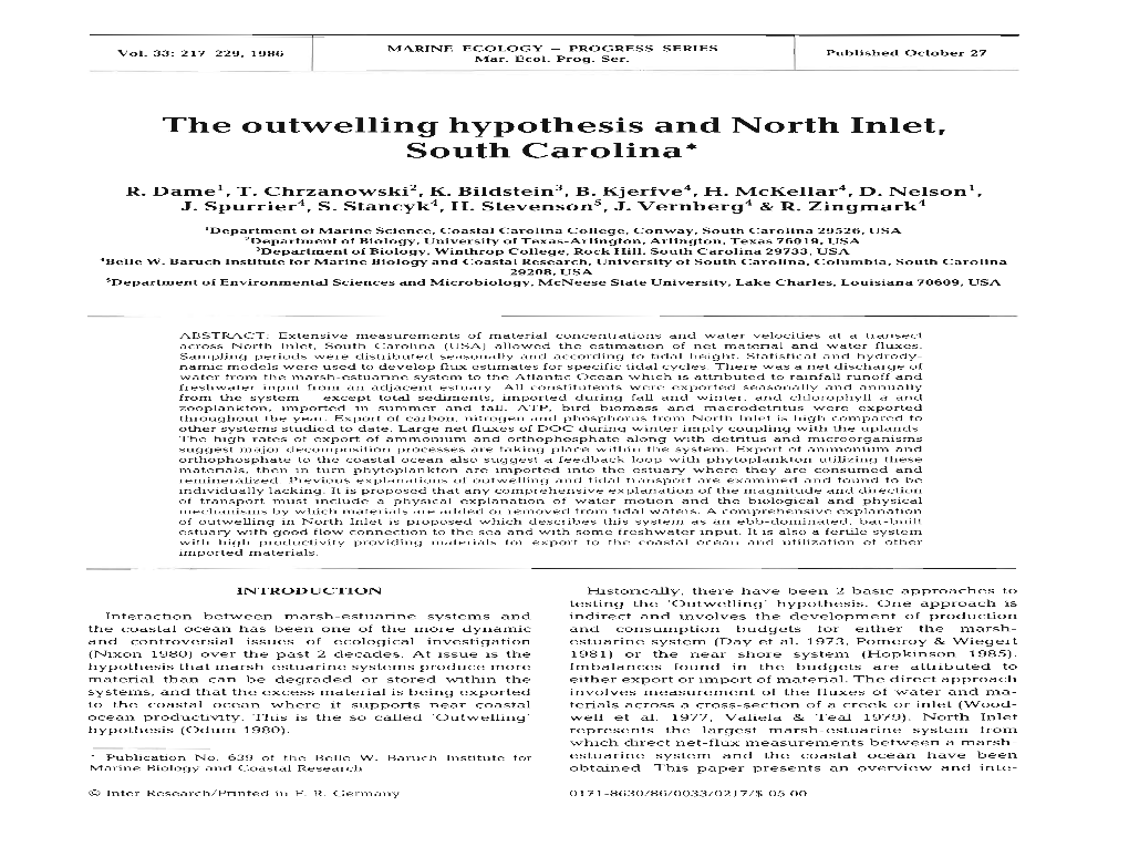 The Outwelling Hypothesis and North Inlet, South Carolina*