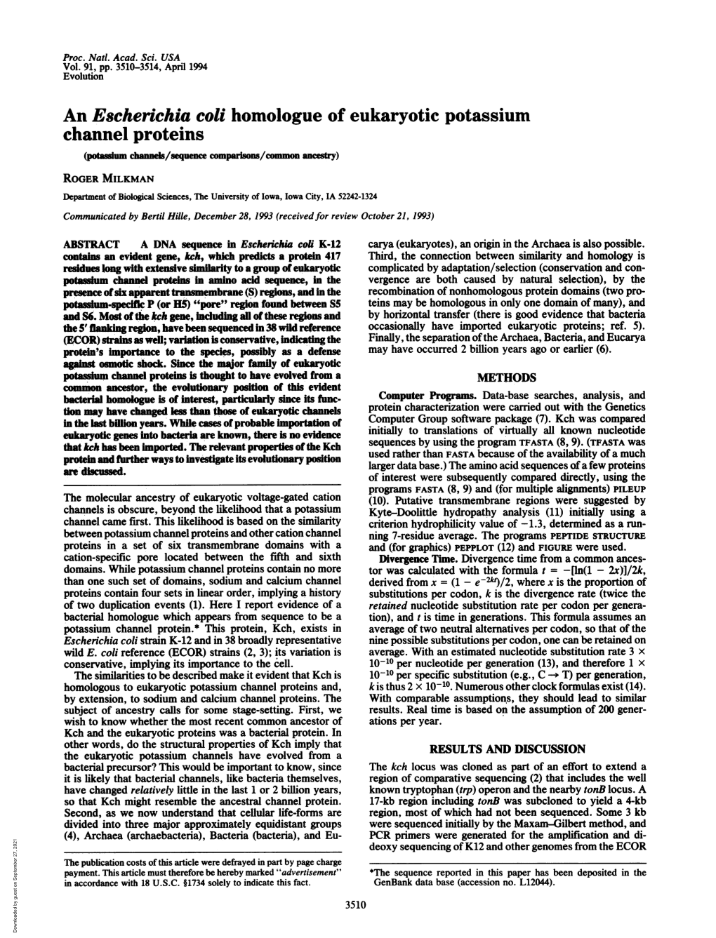 An Escherichia Coli Homologue of Eukaryotic Potassium