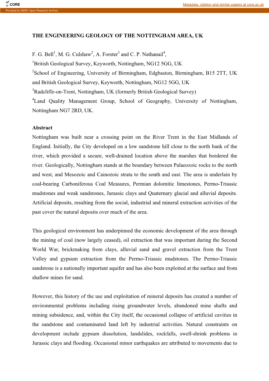 The Engineering Geology of the Nottingham Area, Uk F. G