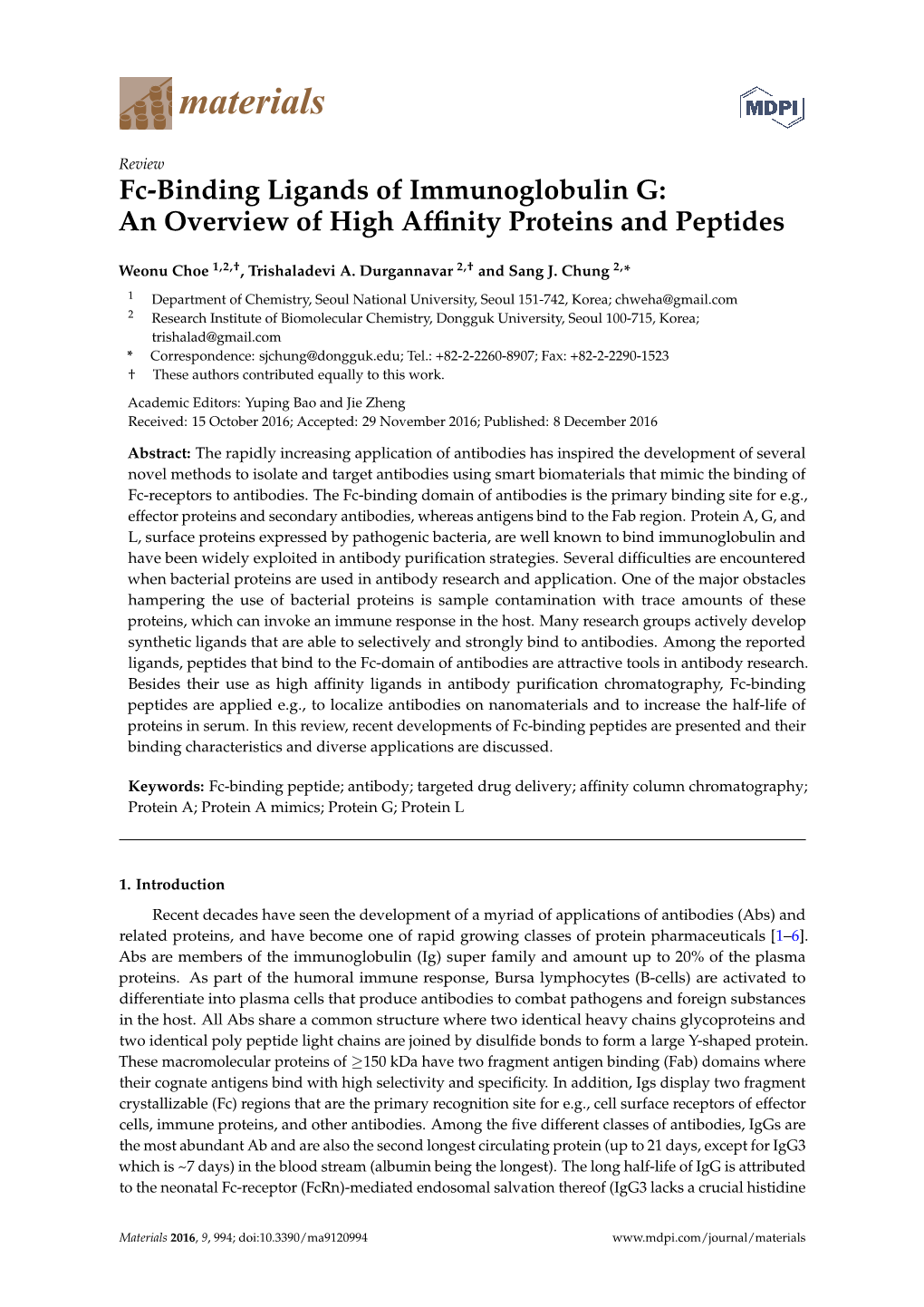 Fc-Binding Ligands of Immunoglobulin G: an Overview of High Afﬁnity Proteins and Peptides