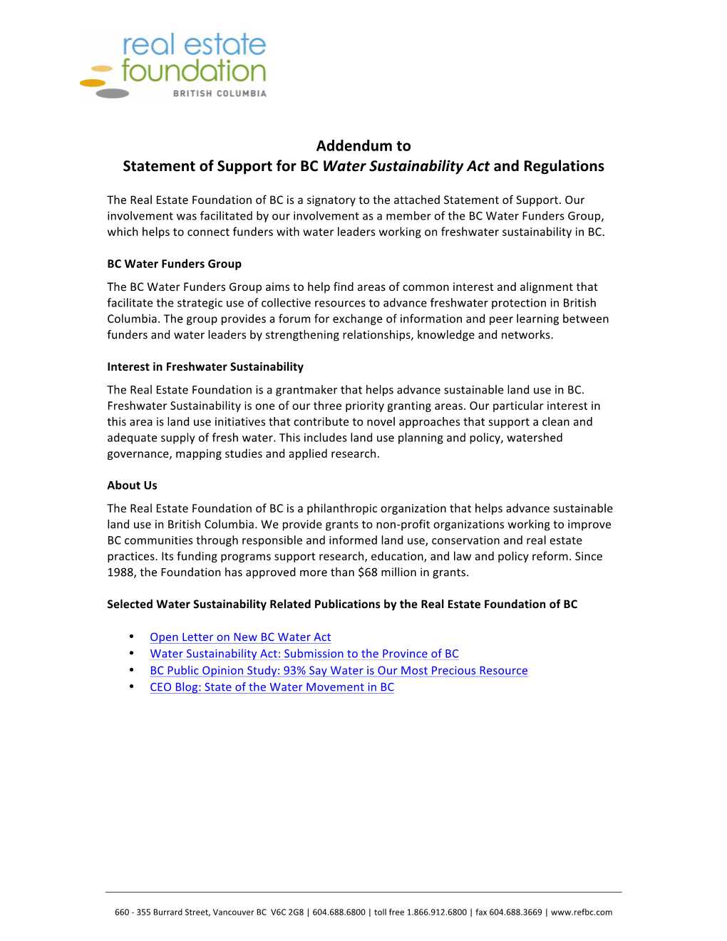 Addendum to Statement of Support for BC Water Sustainability Act and Regulations